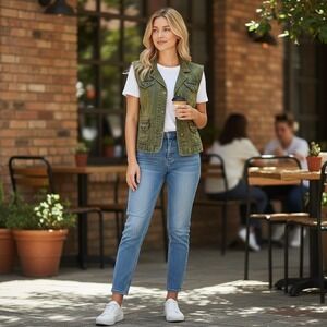 Playboy Denim Vest Women Medium Green Vintage Y2K Utility Chain Detail